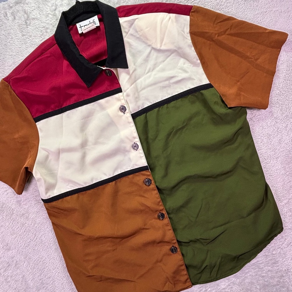 Vintage Teddi Women Shirt XL Colorblock  Short Sleeve Button Up Retro Chic Artsy